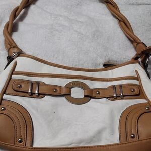 Rosetti White and Tan Shoulder Bag 12.5"W X 7"T 3 Sections 2 Snap 1 Zips New